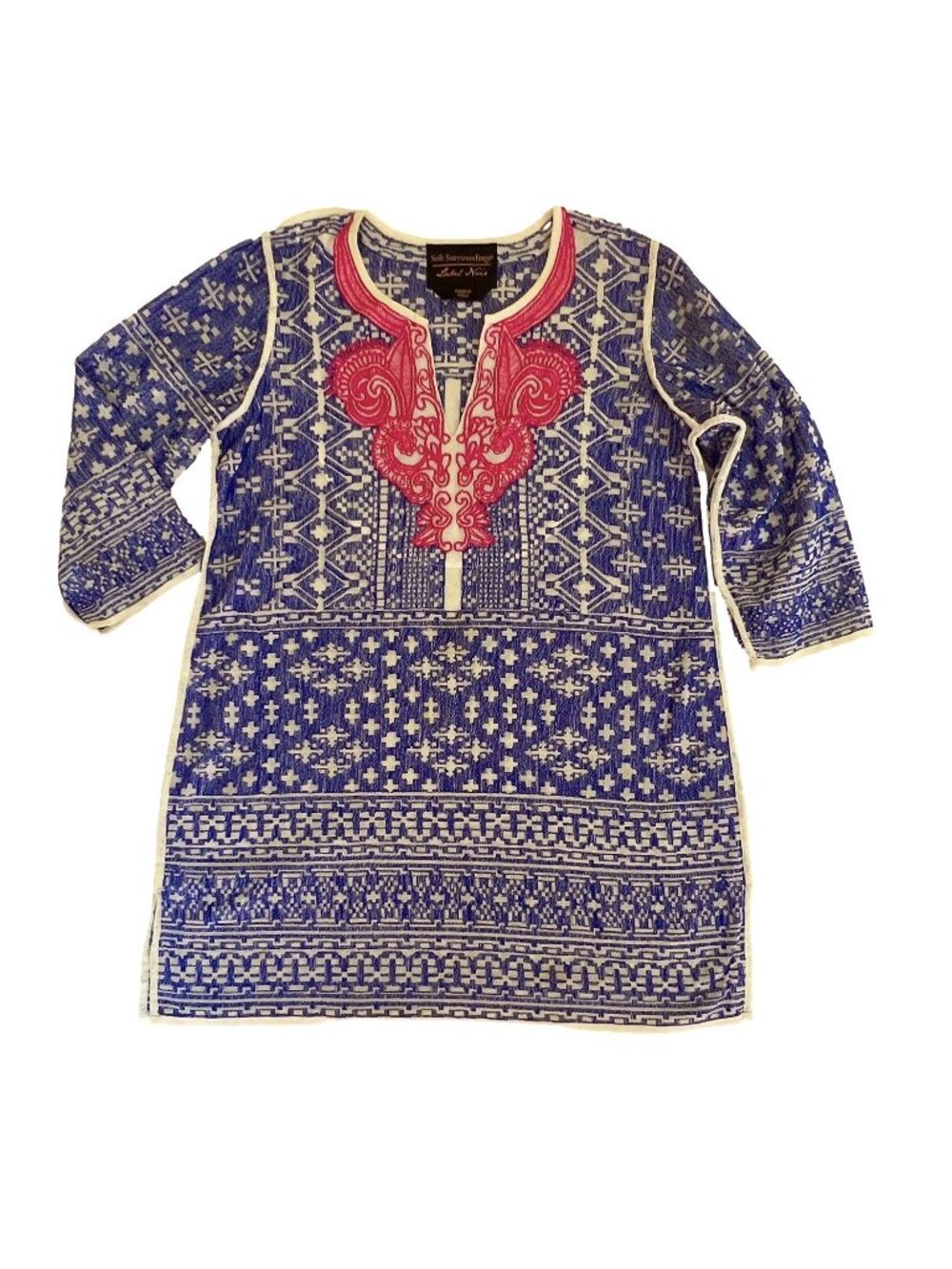 Soft Surroundings Label Noir Embroidered Tunic Blouse Blue White Pink Boho